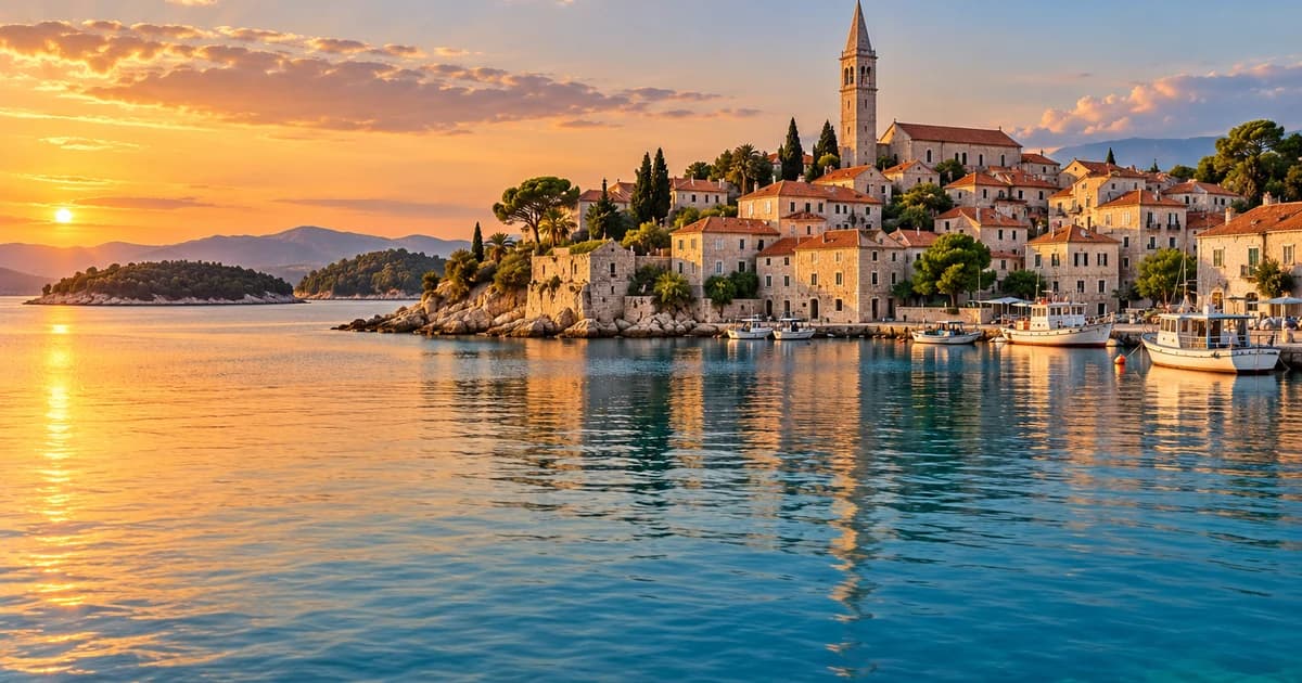 Illustration of a stone harbour town on the Croatian coast