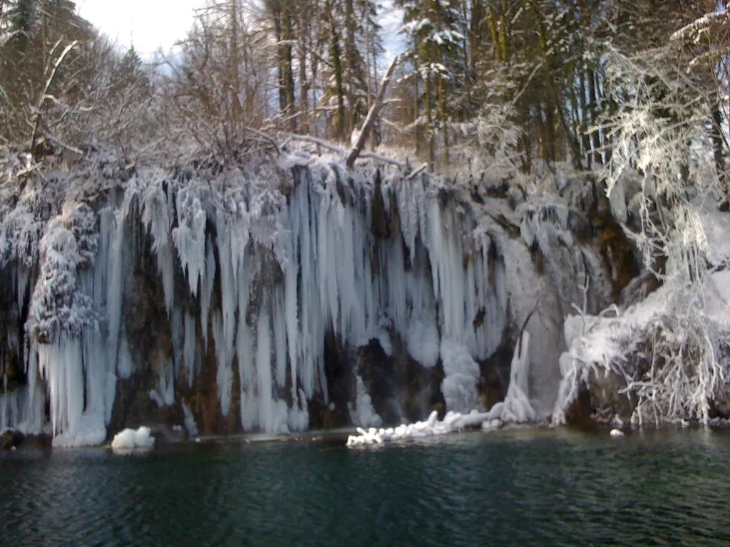 Frozen waterfalls at Plitvice Lakes National Park in winter, Croatia