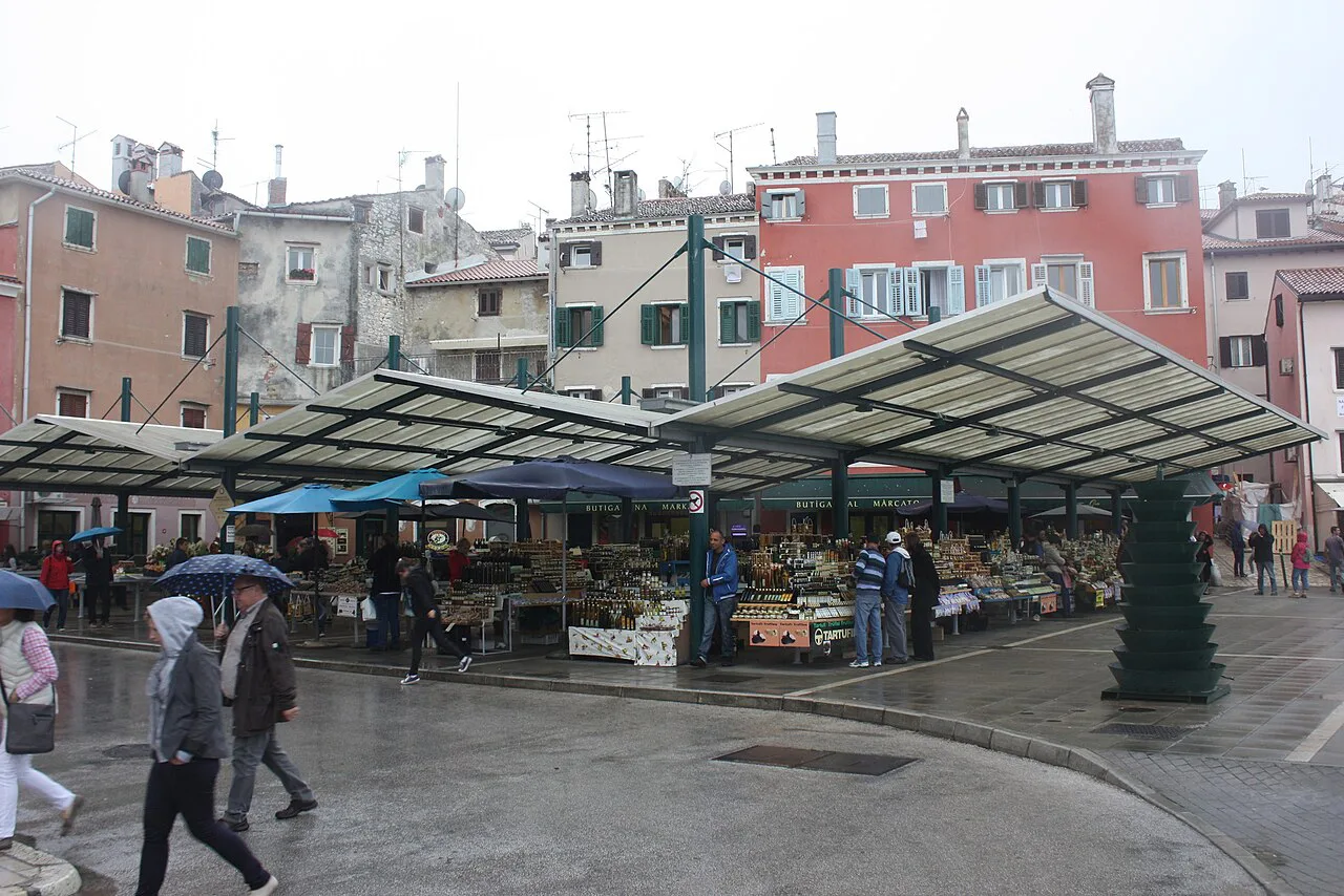 Covered market stalls on the market square in Rovinj