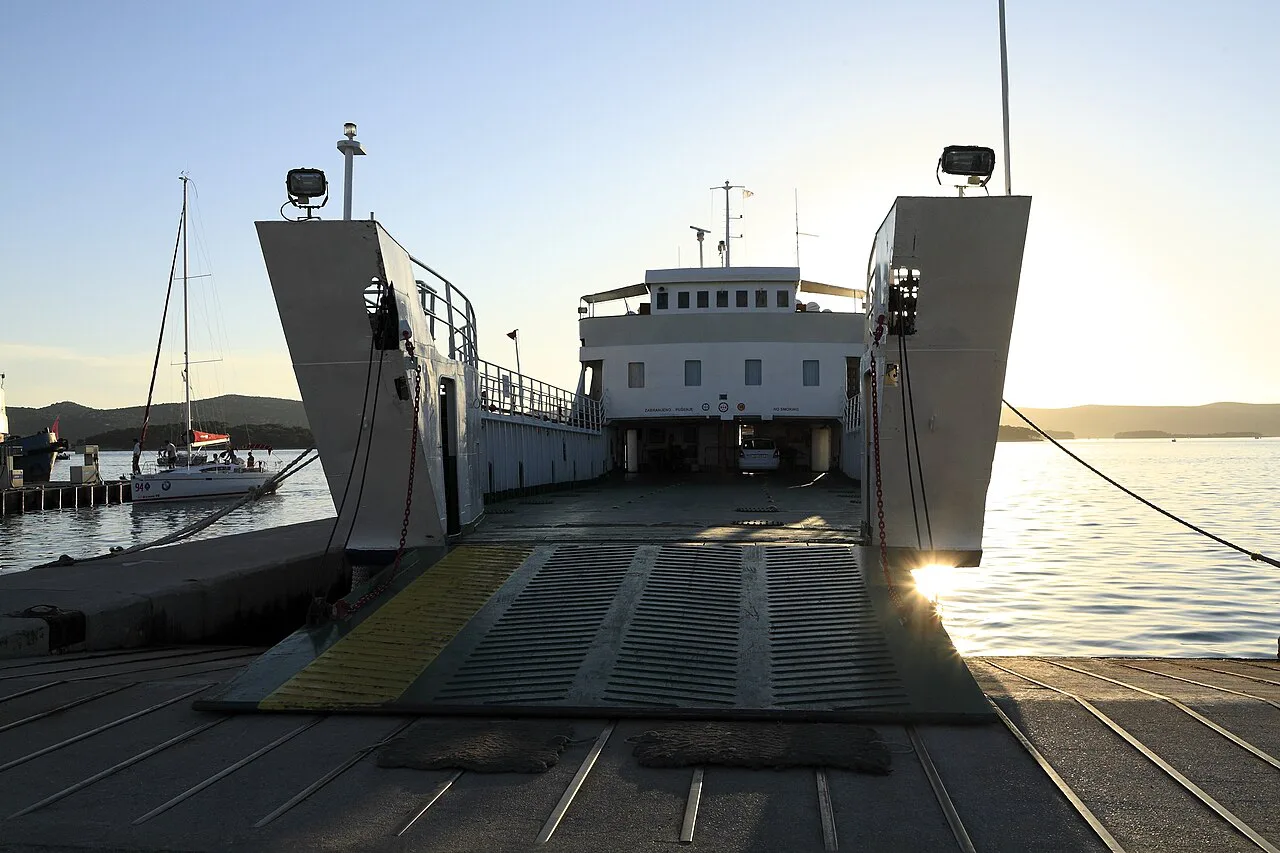 A car ferry with its ramp lowered in the harbour at Biograd na Moru, Dalmatia