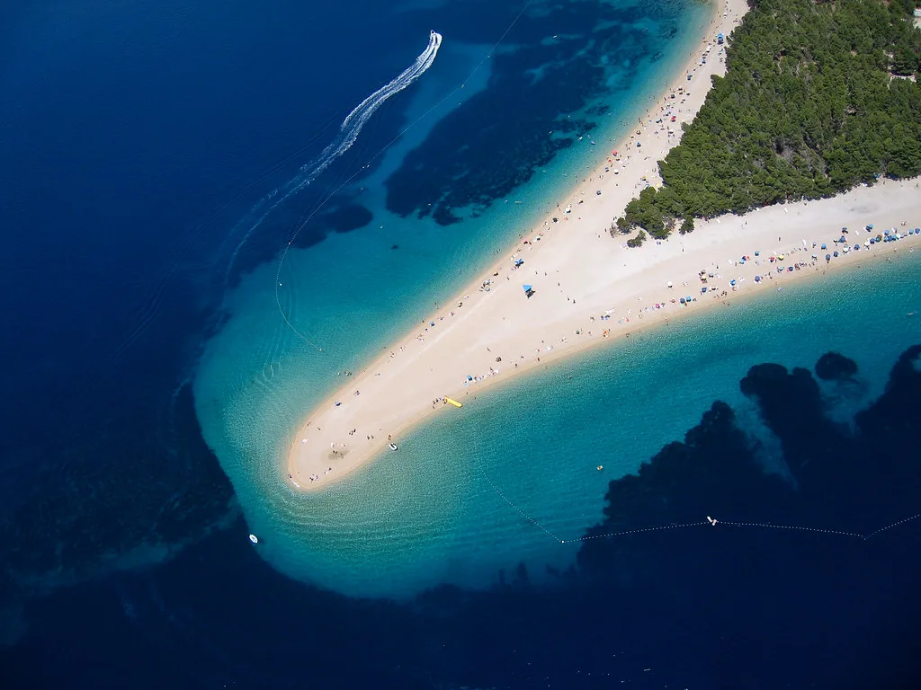 An aerial view of the Zlatni Rat beach at Bol on Brač