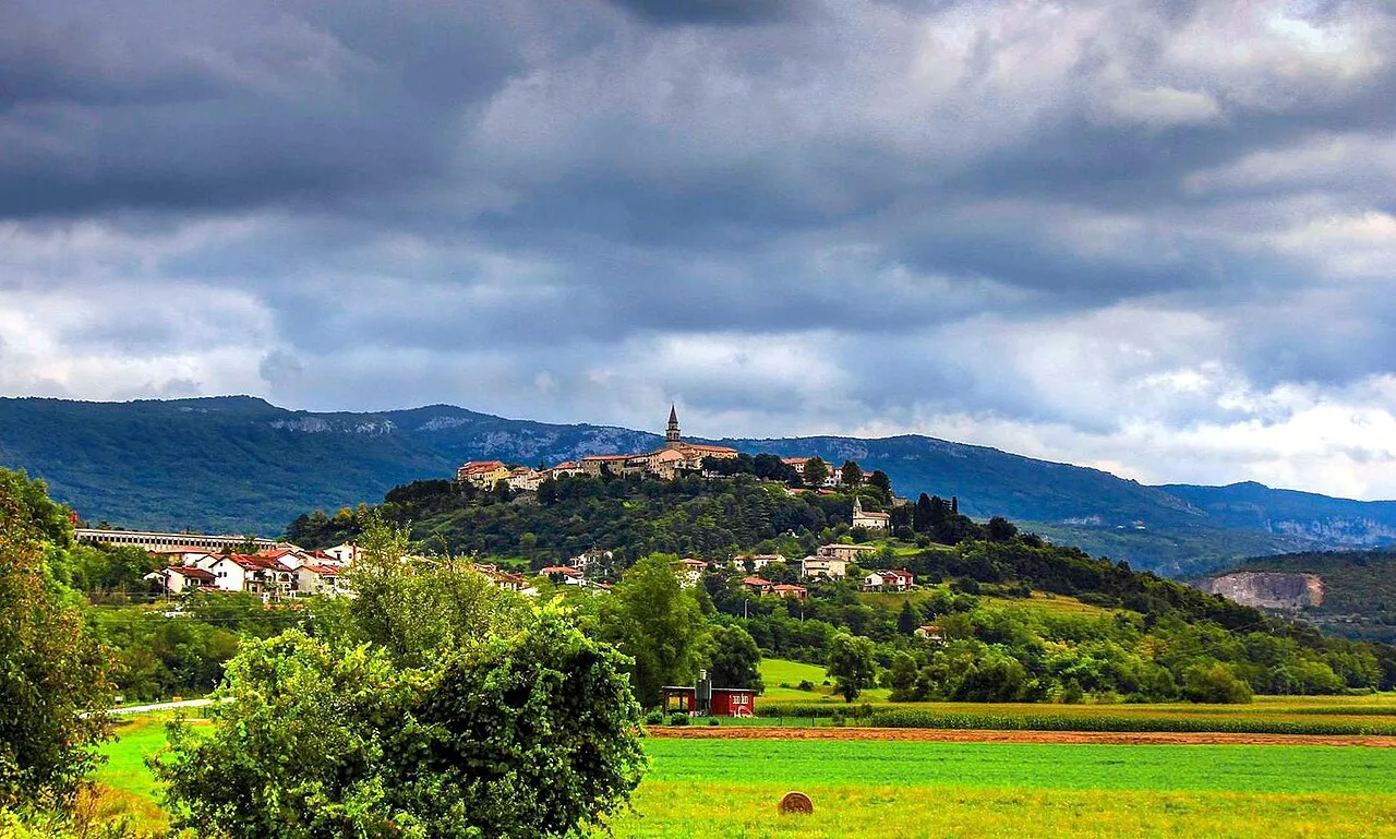 Buzet on its hill above green fields and woods in Istria