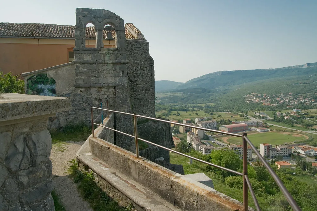Old fortification walls on the hilltop of Buzet, overlooking the valley below, Istria