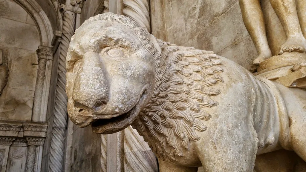 A carved stone lion on the portal of the Cathedral of St Lawrence in Trogir, Dalmatia