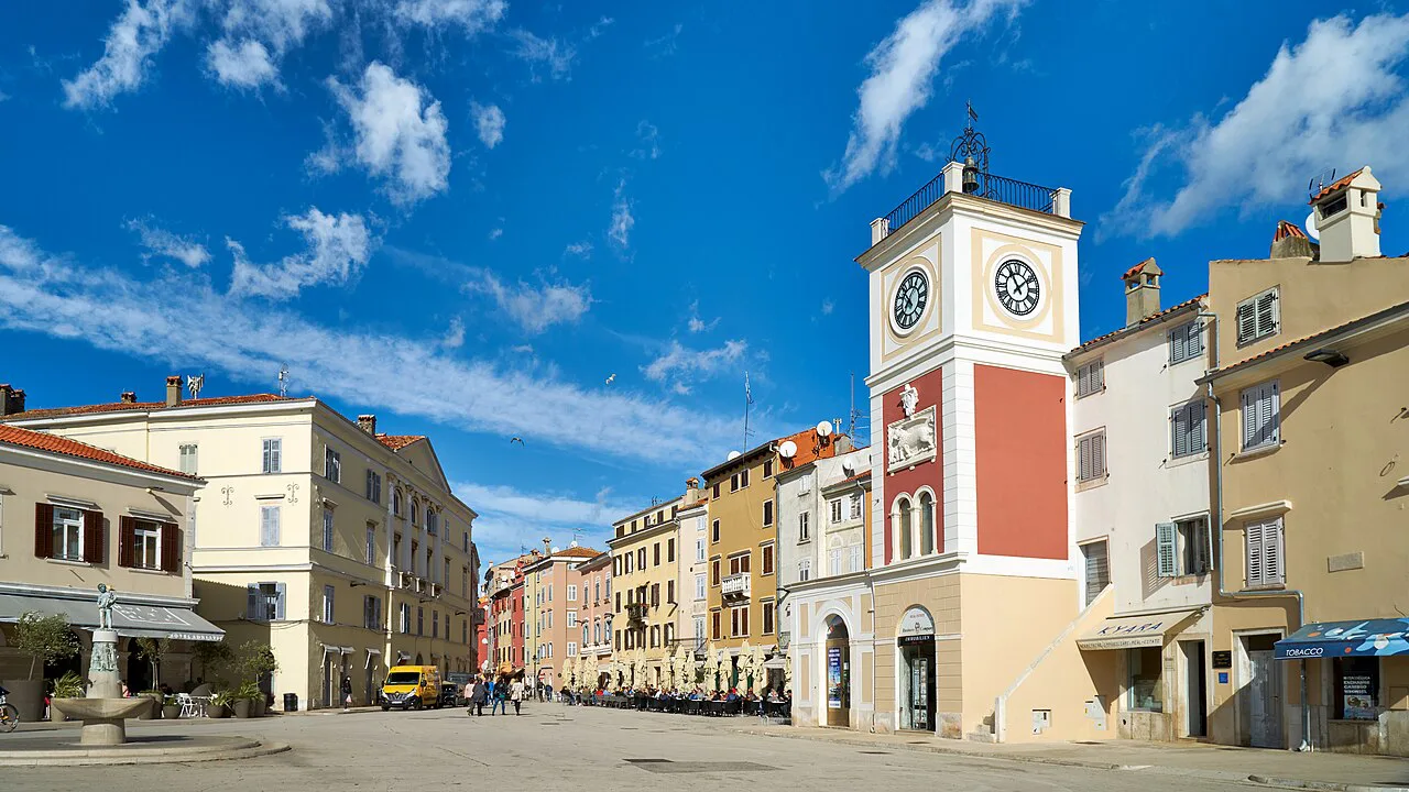 The clock tower and surrounding buildings on Marshal Tito Square in Rovinj