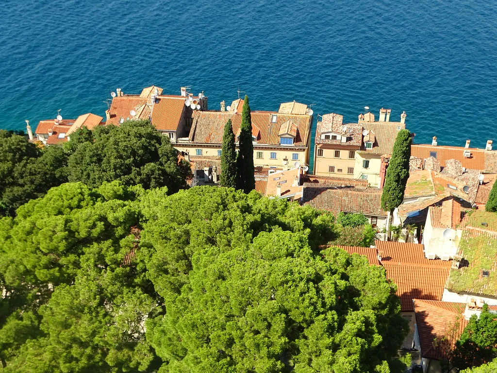 Rovinj's rooftops and the sea seen from the Church of St Euphemia, Rovinj