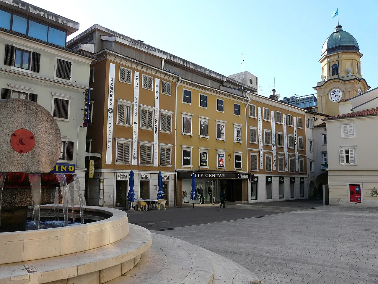 Buildings on Ivan Kobler Square in Rijeka with the City Tower in the corner