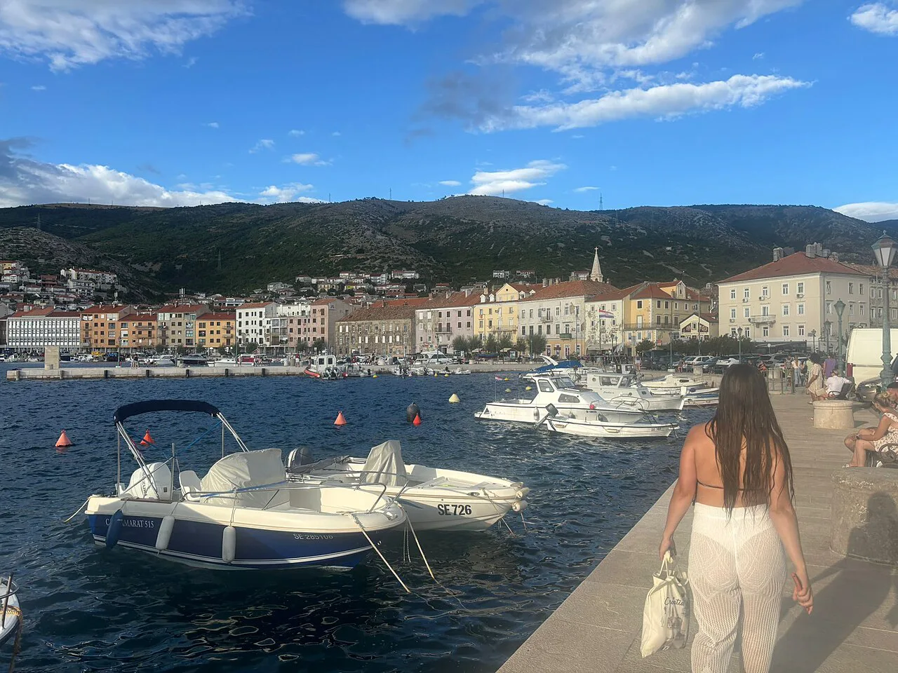 Boats in the harbour along the waterfront of Senj on the Adriatic coast, Croatia