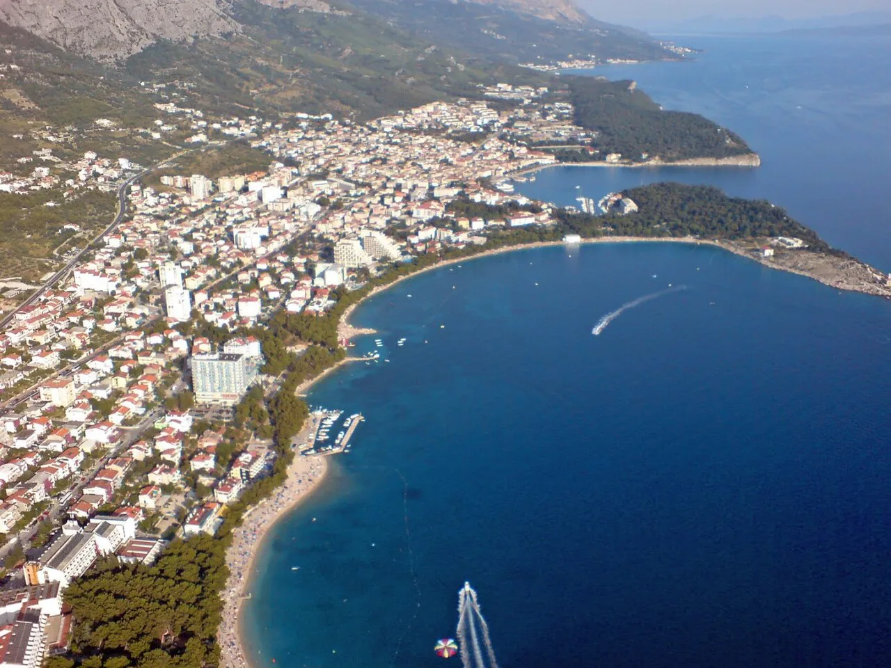 Aerial view of Makarska and its curving bay, Croatia