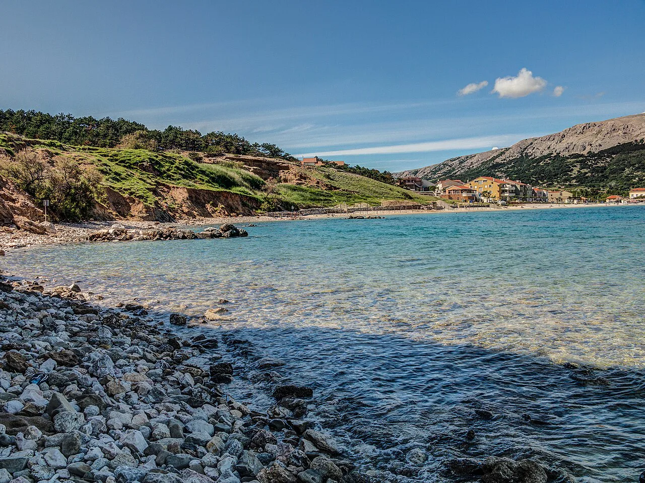 The pebble shore of Baška bay on the island of Krk, Croatia
