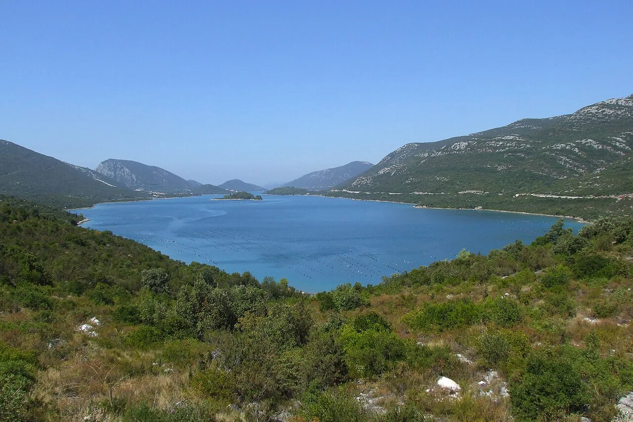 Green hills around a calm inlet of the Adriatic Sea near Ston, Croatia