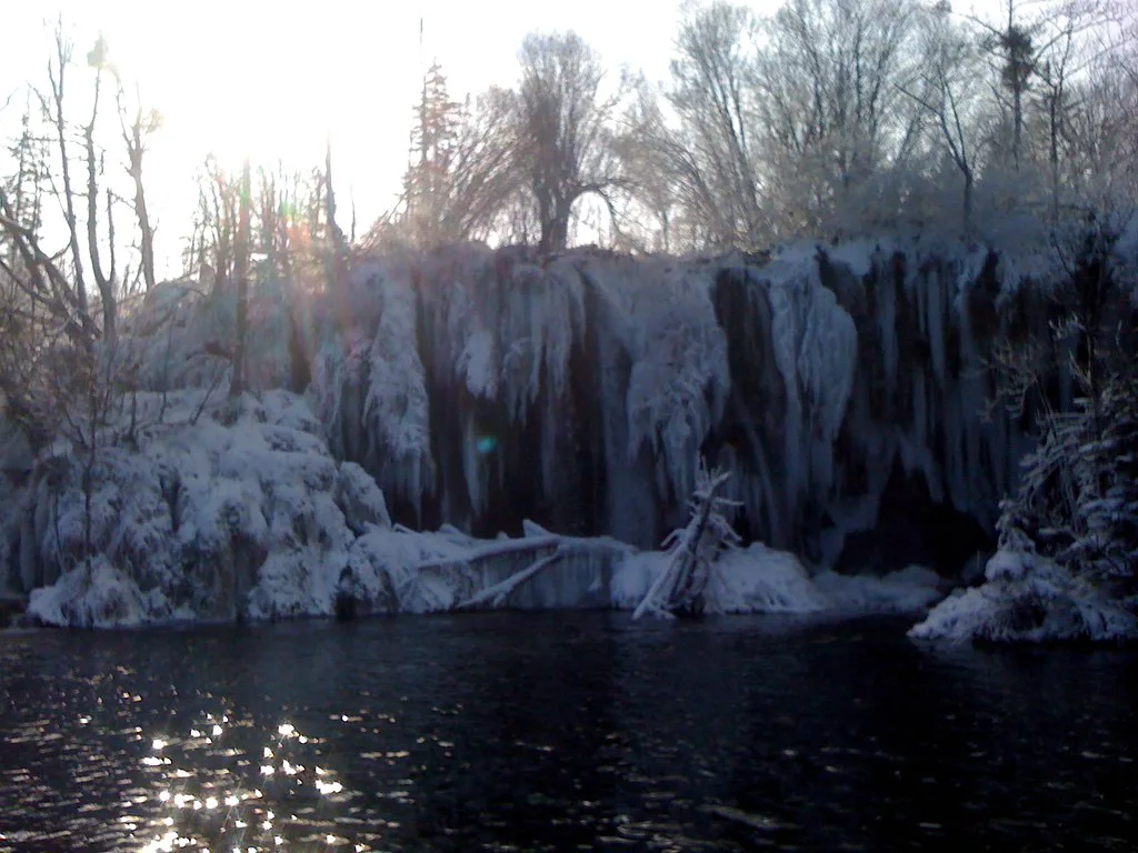 A frozen waterfall in Plitvice Lakes National Park in winter, Croatia
