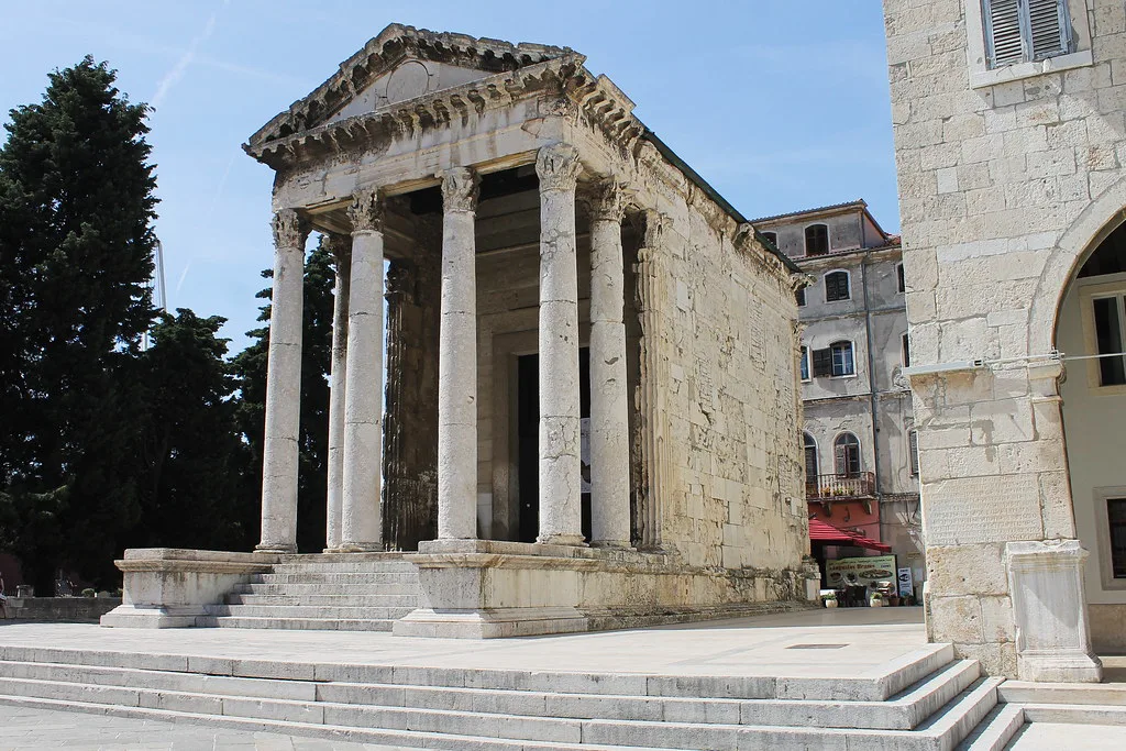 The columned Temple of Augustus on the Forum in Pula