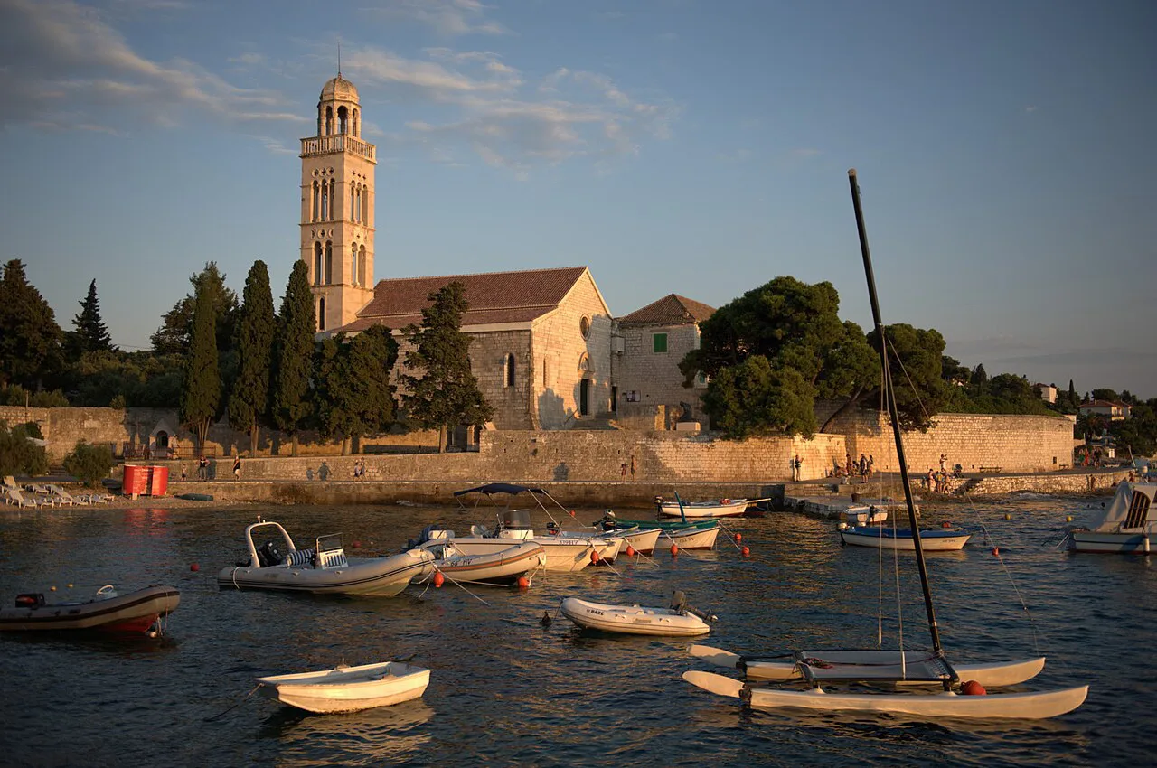 The Franciscan monastery church and bell tower beside the sea in Hvar