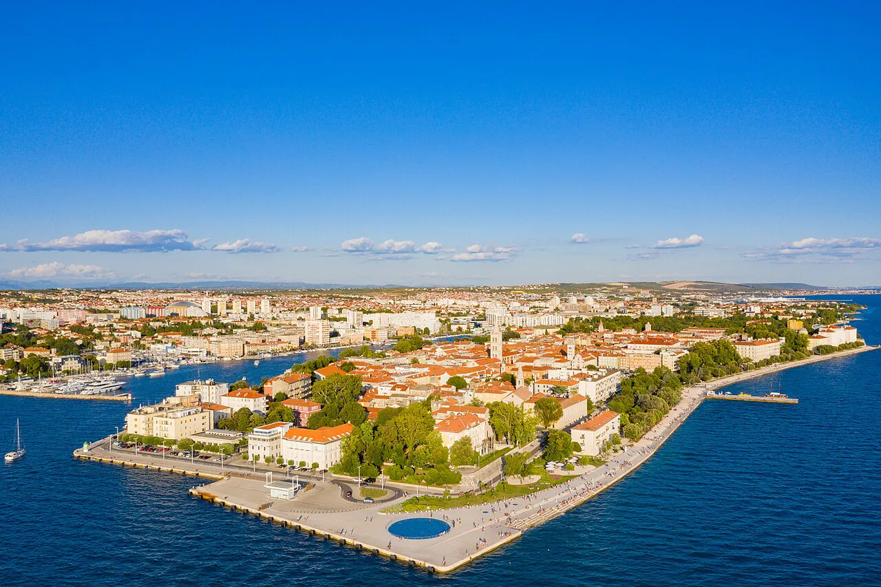 Aerial view of the Zadar peninsula, where the Greeting to the Sun lies by the sea.