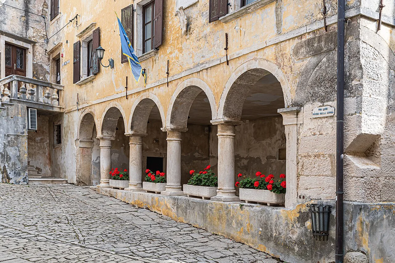 The arcaded loggia on the main square of Grožnjan, Istria