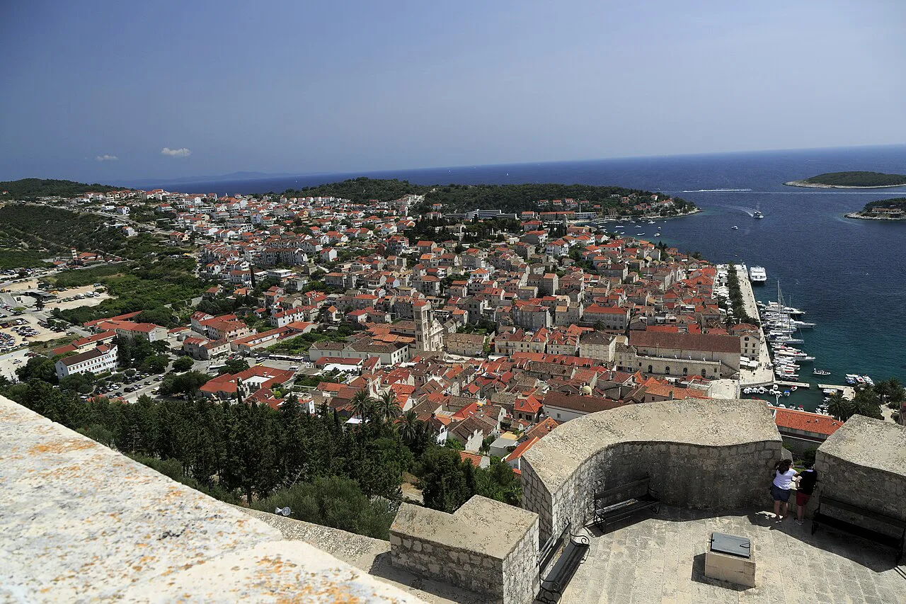 The rooftops and harbour of Hvar Town seen from the Španjola fortress