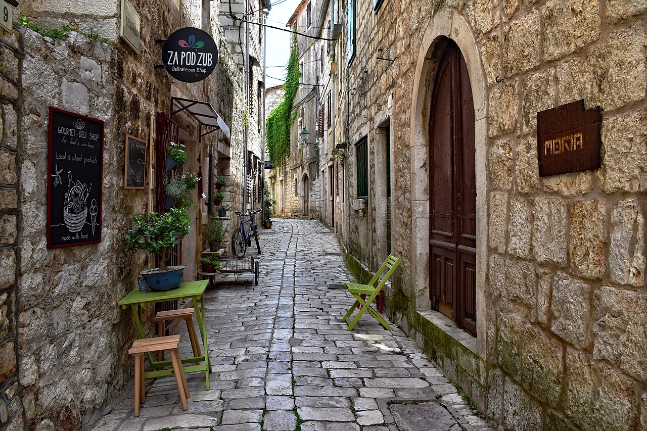 A narrow stone street in the old town of Stari Grad on Hvar