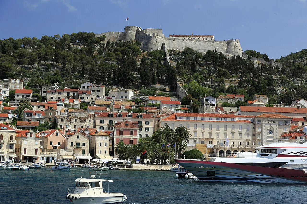 Hvar Town's harbour and houses below the Spanish Fortress