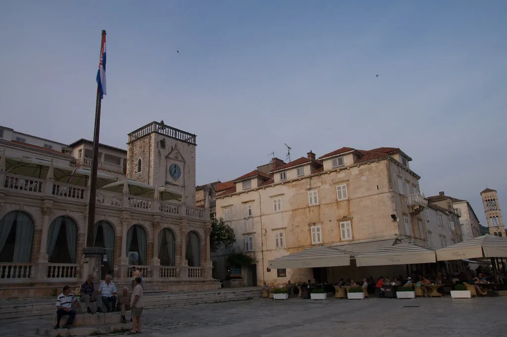 The main square of Hvar Town with the clock tower and loggia