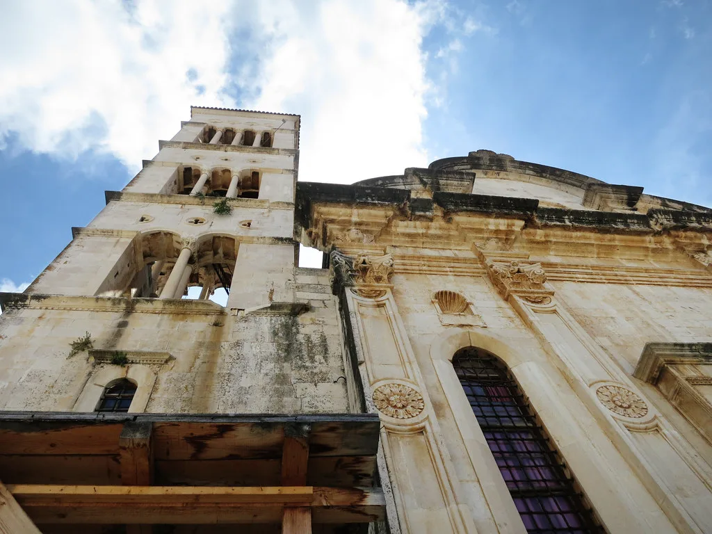 The bell tower and facade of the cathedral in Hvar Town