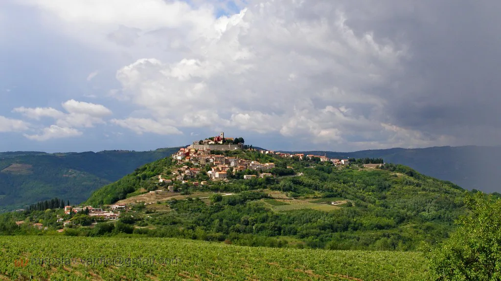 Motovun on its green hilltop in the Istrian countryside, Istria
