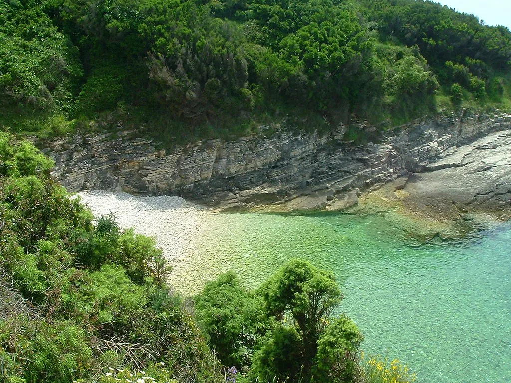 A small pebble cove with clear green water at Premantura in southern Istria.