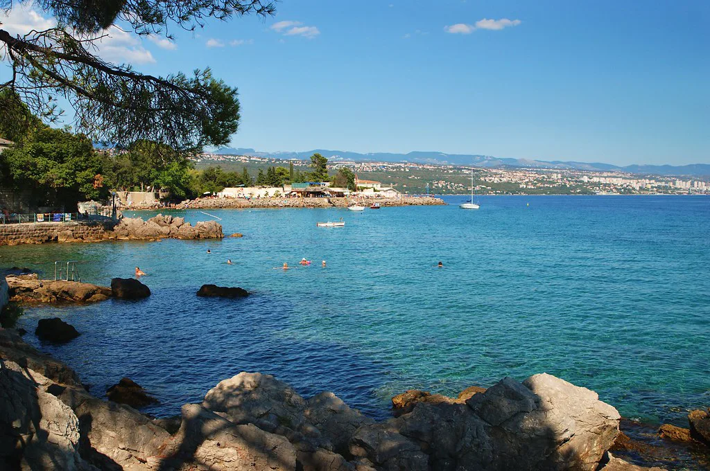 Rocky shoreline and clear blue water near Opatija on the eastern Istrian coast, Istria
