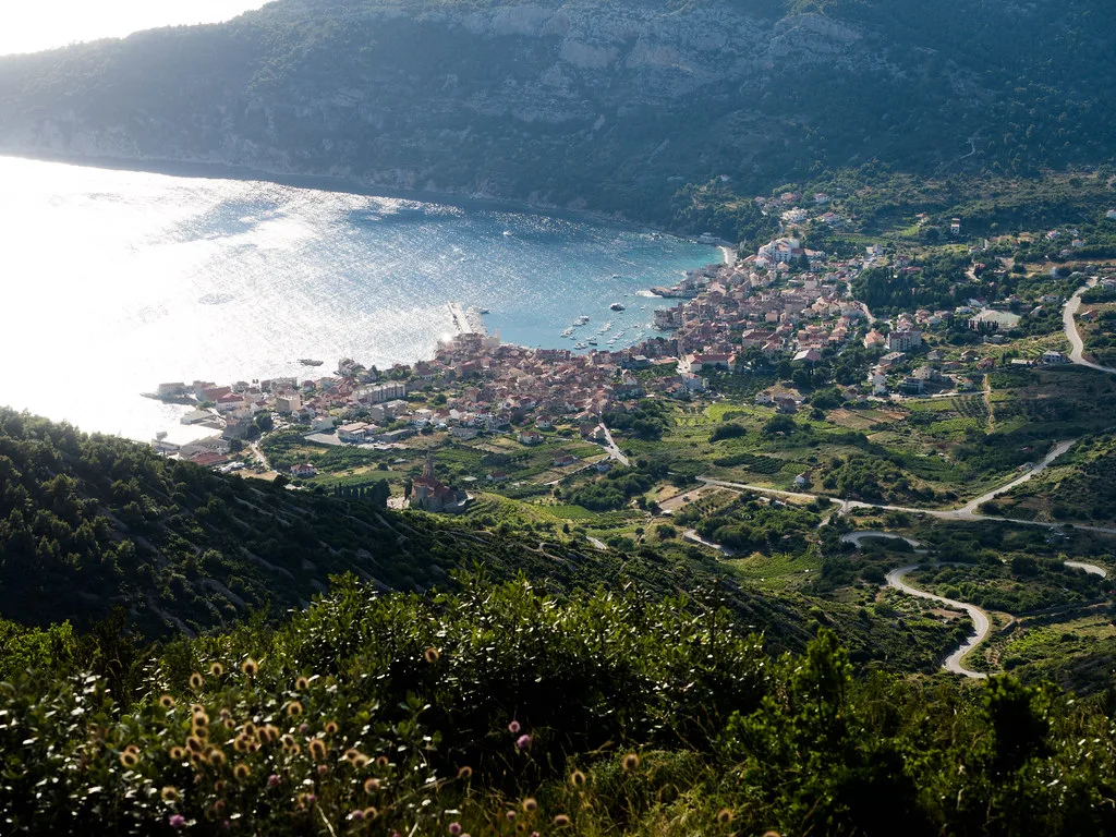 Komiža and its bay seen from the hills above the town on Vis