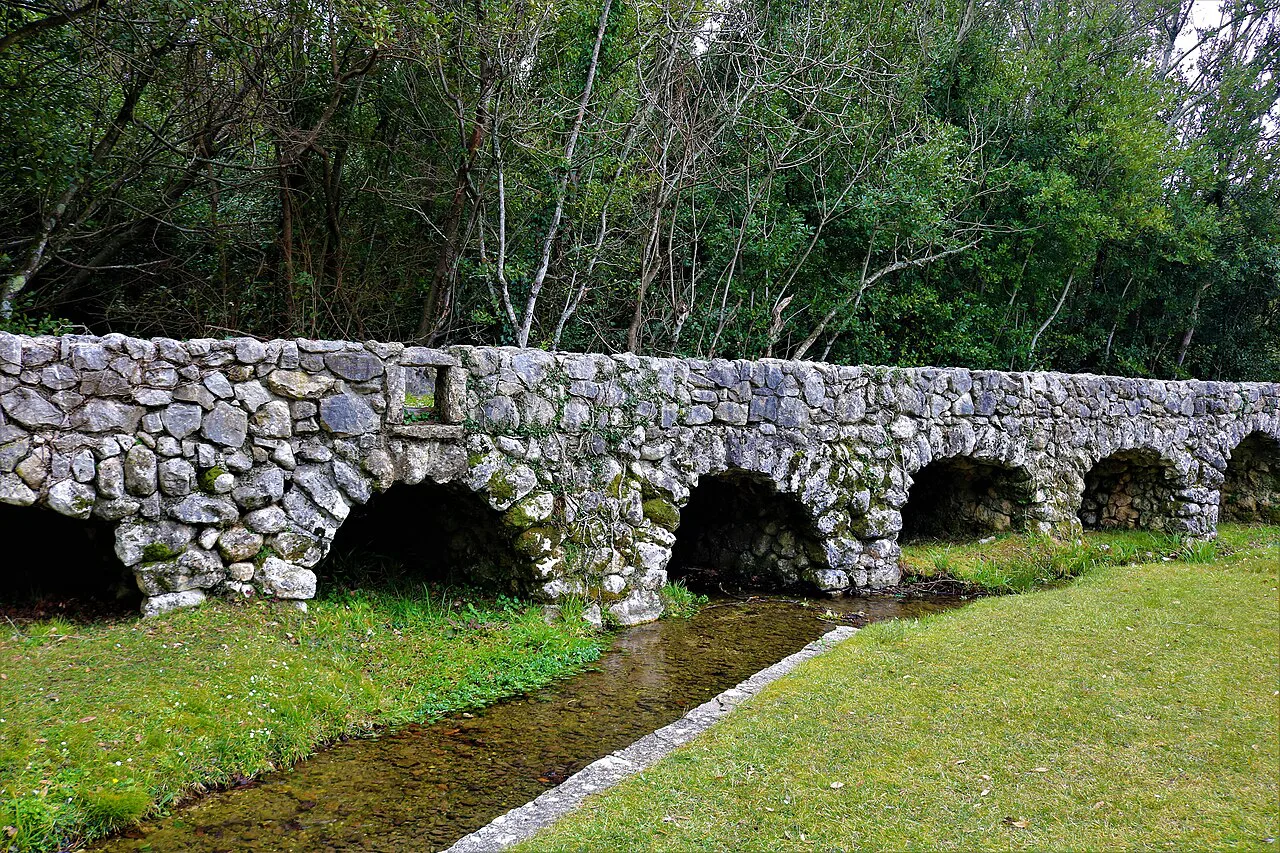 A stone arched watercourse among green grass in Konavle, Southern Dalmatia