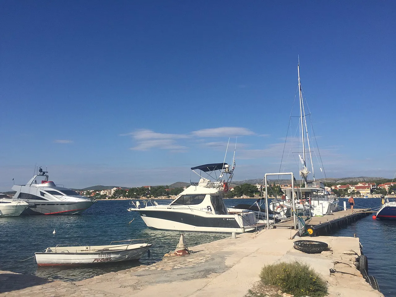 Motor boats moored at a small harbour on the island of Krapanj, Šibenik