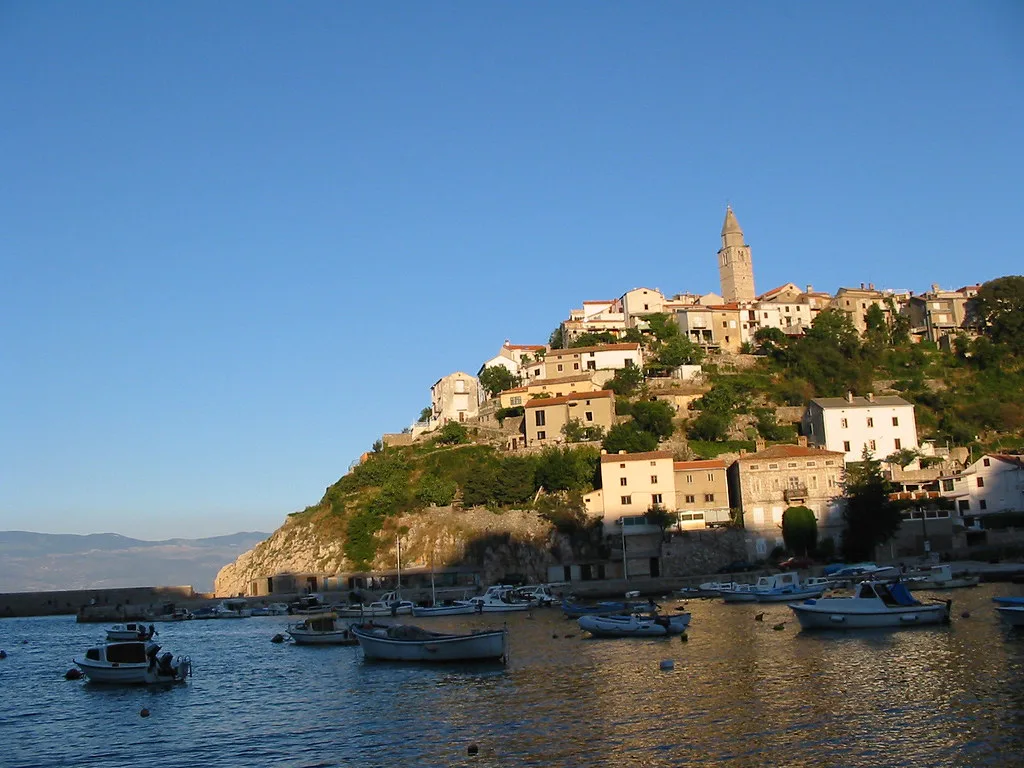 Houses and a bell tower on the clifftop at Vrbnik on Krk, Kvarner
