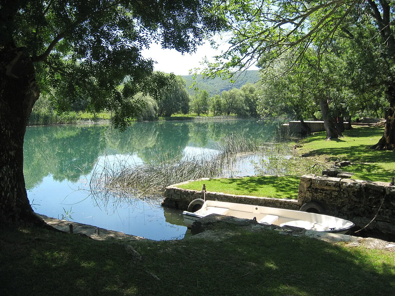 The Krka river flowing past trees beside Krka Monastery, Krka National Park