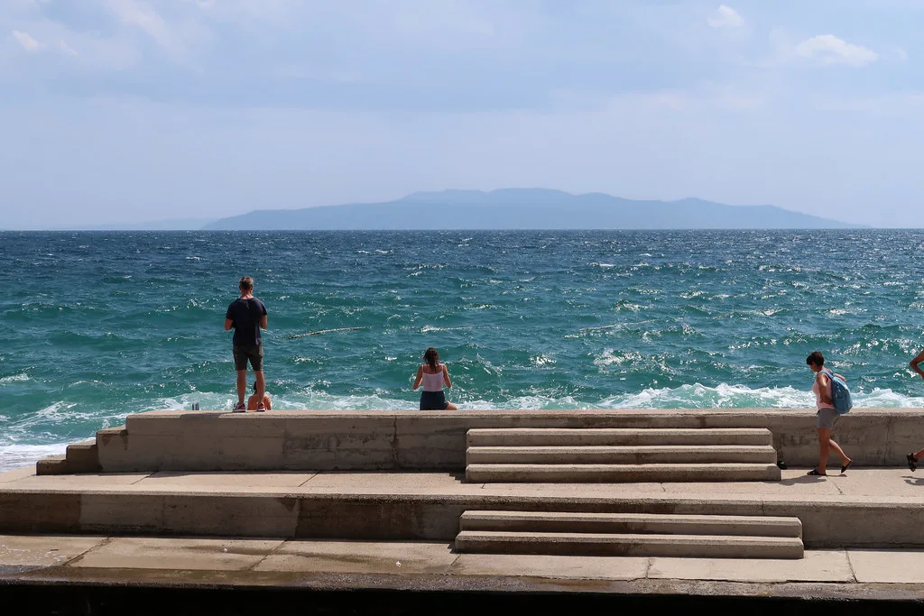 The seafront promenade in Opatija, looking across the Kvarner Bay towards the island of Krk.