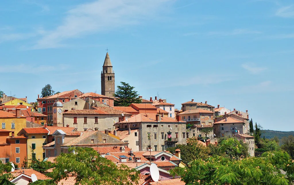 The hilltop old town of Labin with its church bell tower, Istria