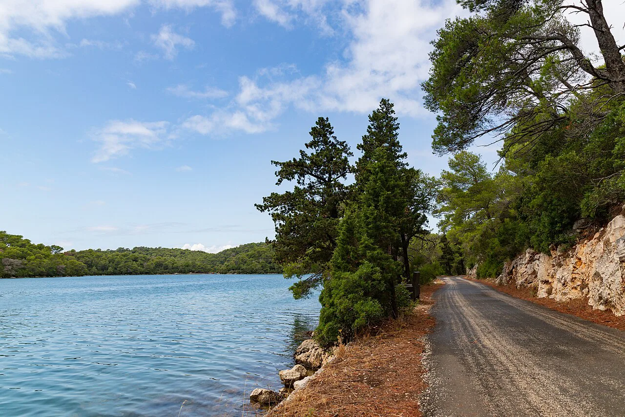 A road along the shore of Veliko jezero, the larger lake on Mljet, Croatia