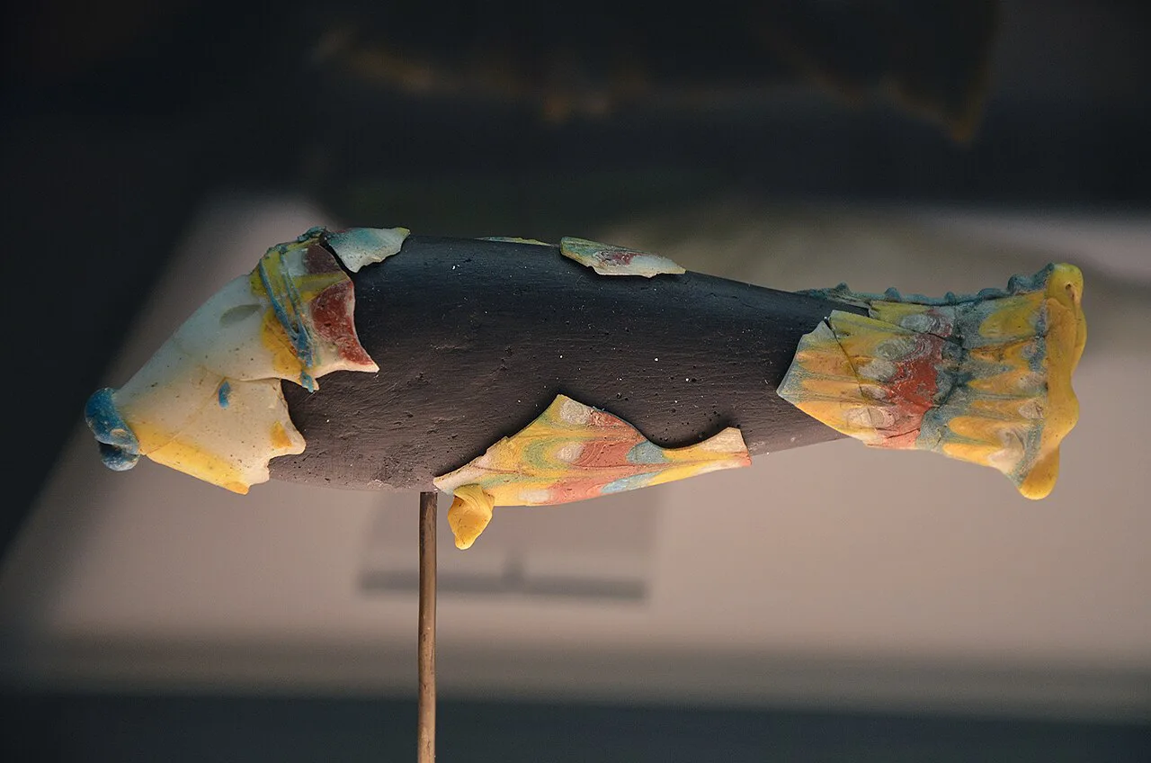 A Roman fish-shaped glass bottle on display at the Museum of Ancient Glass in Zadar