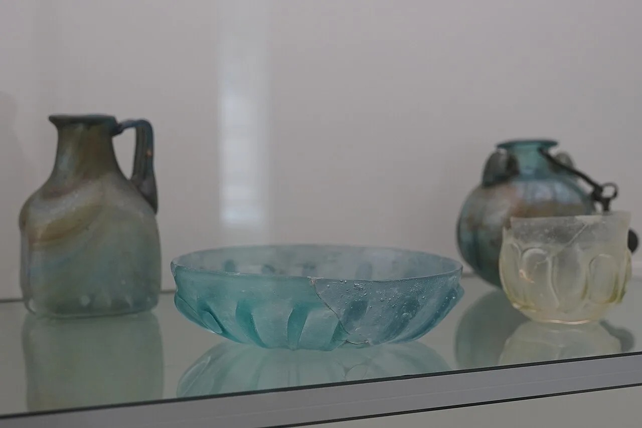 Ancient Roman glass vessels displayed in the Museum of Ancient Glass in Zadar.