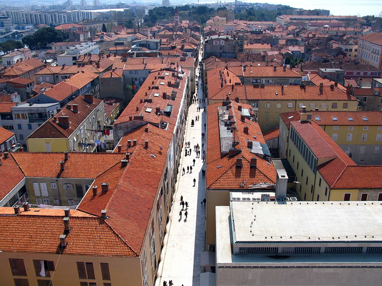 Red rooftops and a long pedestrian street in Zadar seen from the cathedral bell tower.