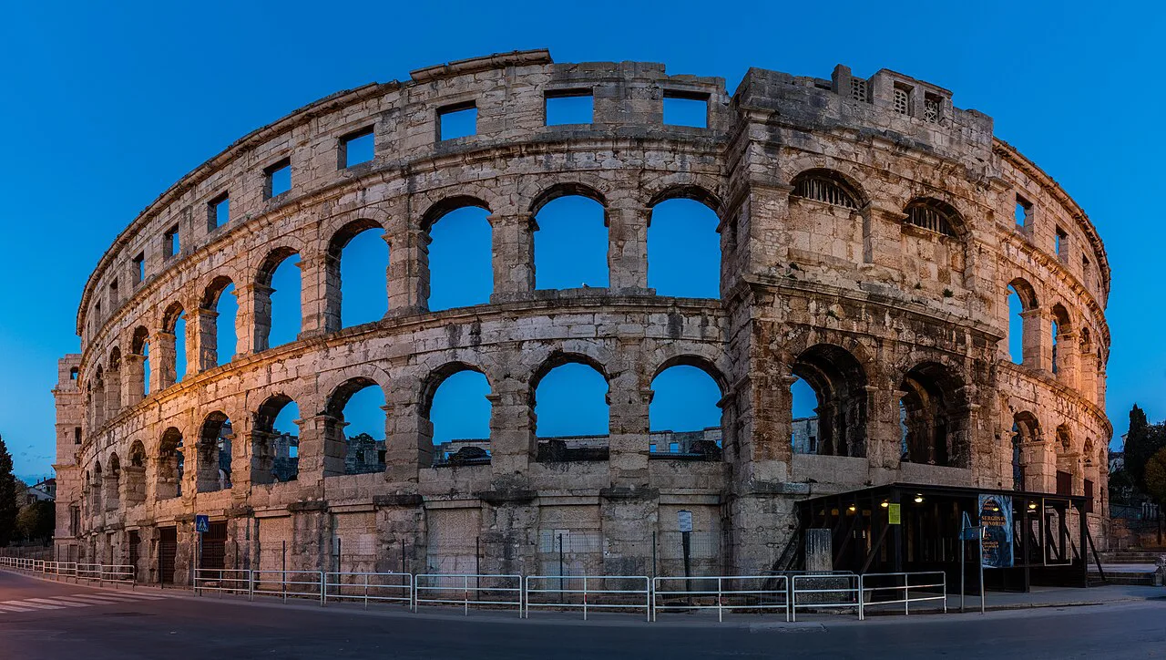 The outer walls and arches of the Roman amphitheatre in Pula