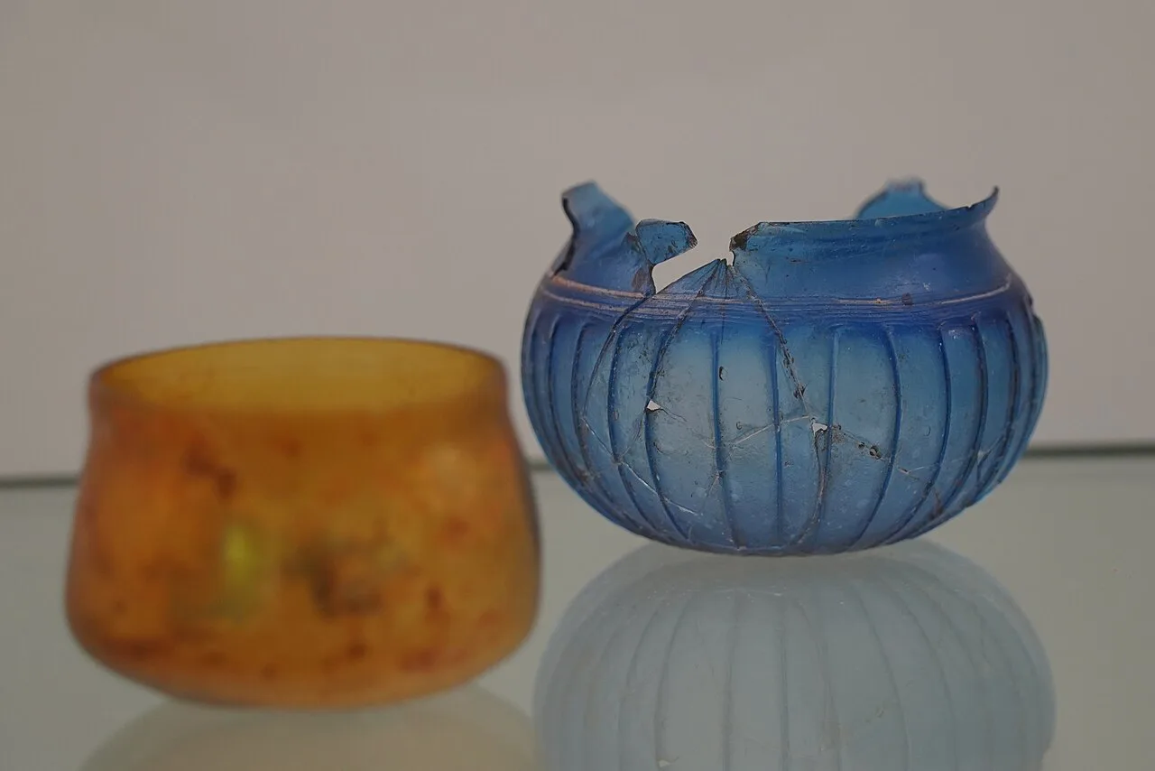 An amber cup and a blue ribbed glass bowl in Zadar's Museum of Ancient Glass, Zadar