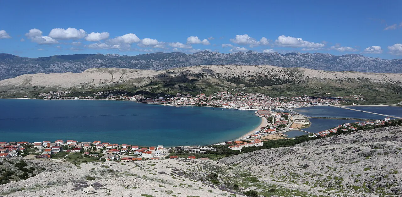 The town of Pag on its bay, seen from the hills of Pag island, Zadar