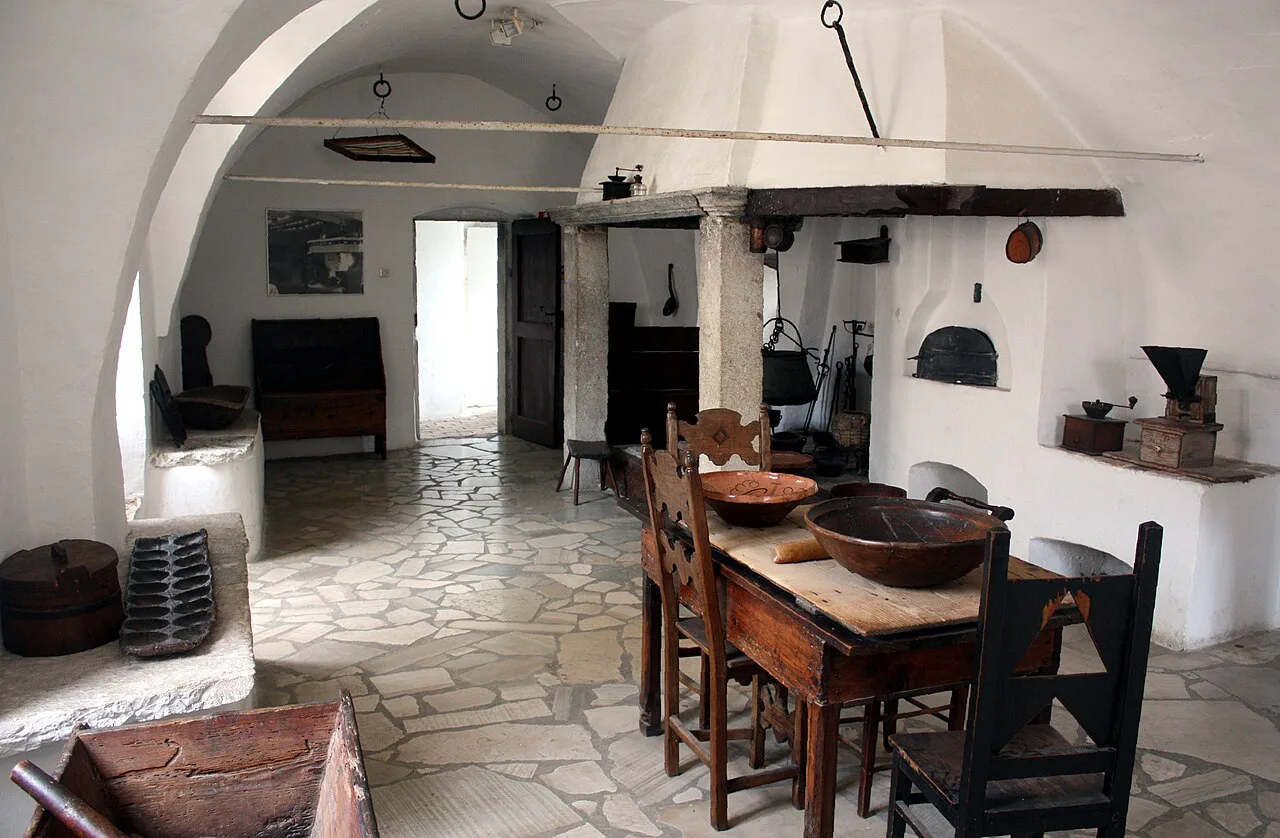 A historic kitchen displayed in the castle museum in Pazin, Istria