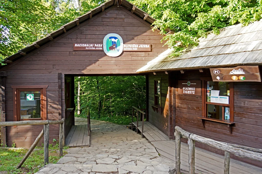 A wooden entrance building at Plitvice Lakes National Park.