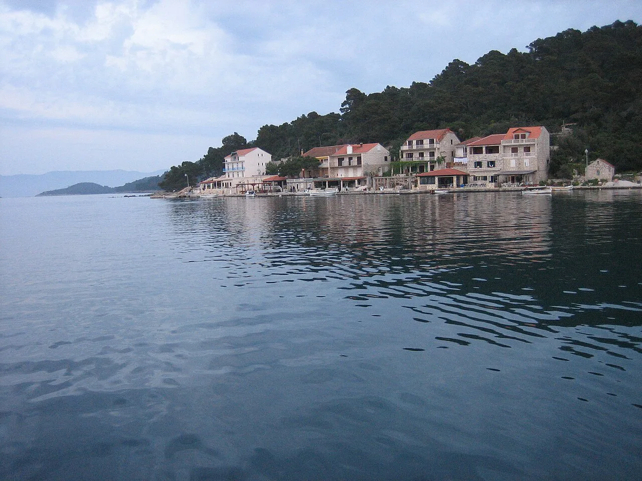 Houses along the calm waterfront of Pomena on the island of Mljet, Croatia