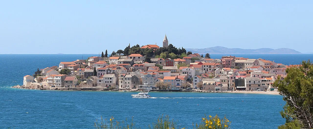 The town of Primošten on its small peninsula surrounded by blue sea, Dalmatia