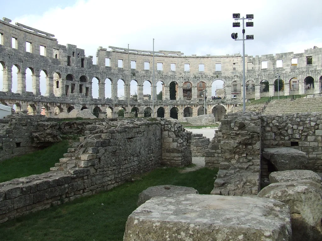 Stone ruins in front of the Roman amphitheatre in Pula