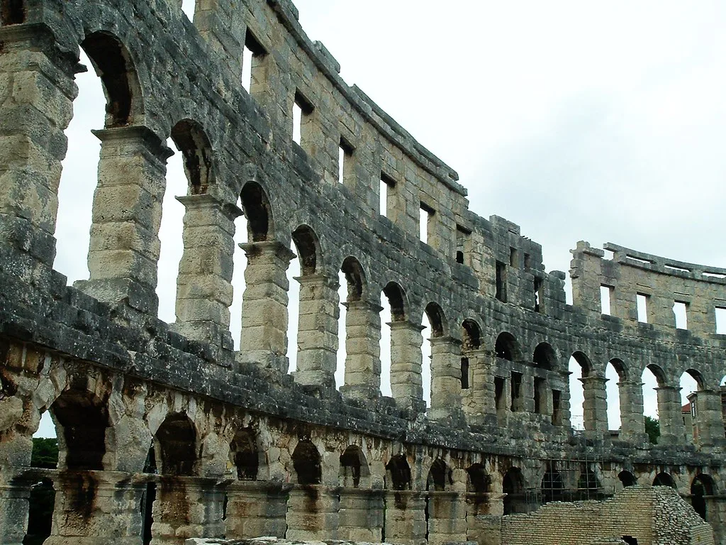 The stone arches of the Roman amphitheatre in Pula