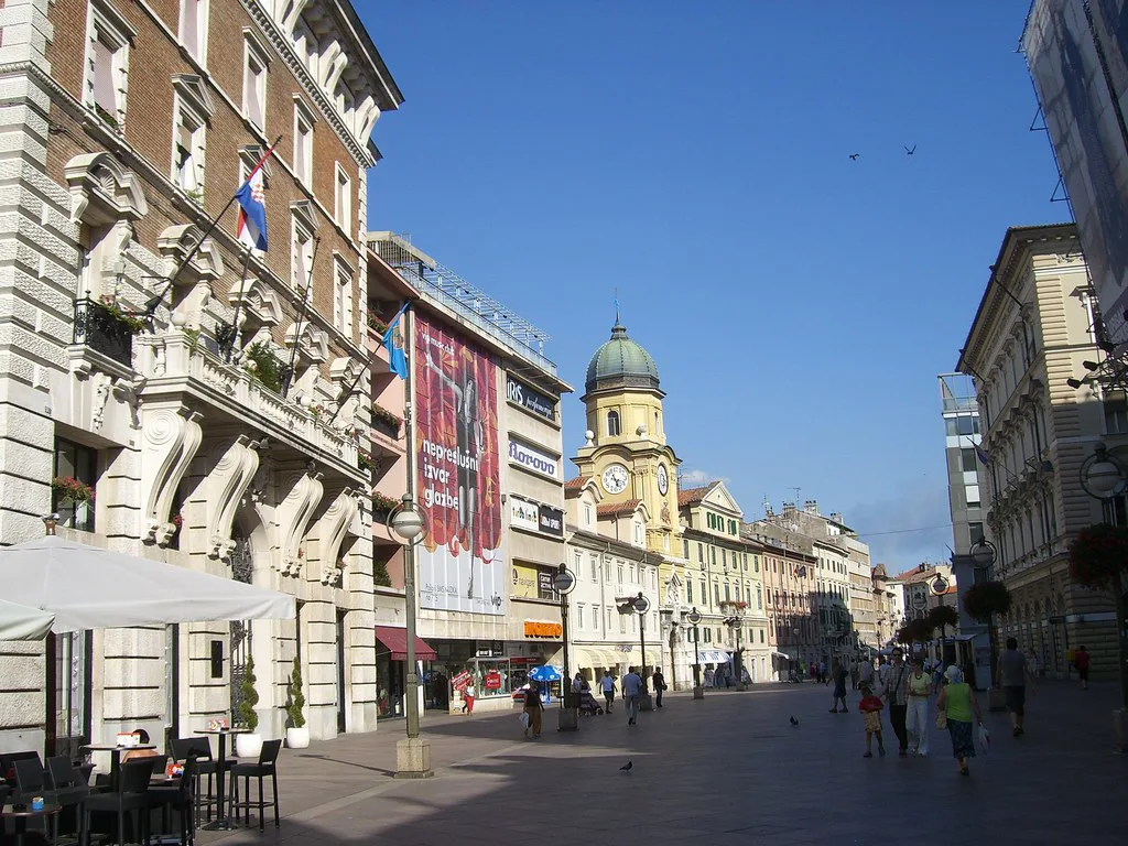 Shops and cafés along a pedestrian street in central Rijeka