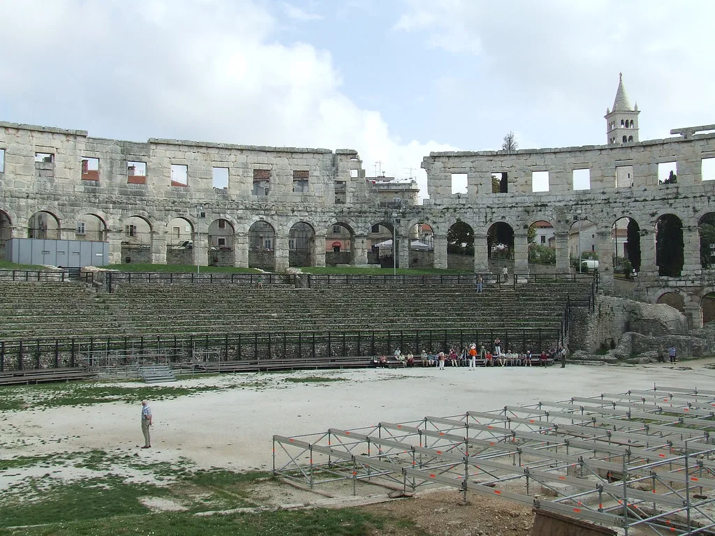 The arches and seating of the Roman amphitheatre in Pula